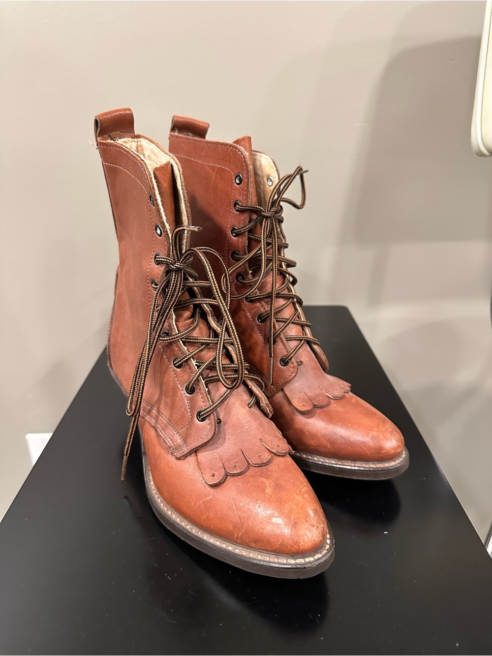 Women's Tan Lace-Up Leather Ankle Boots with Kiltie Detail